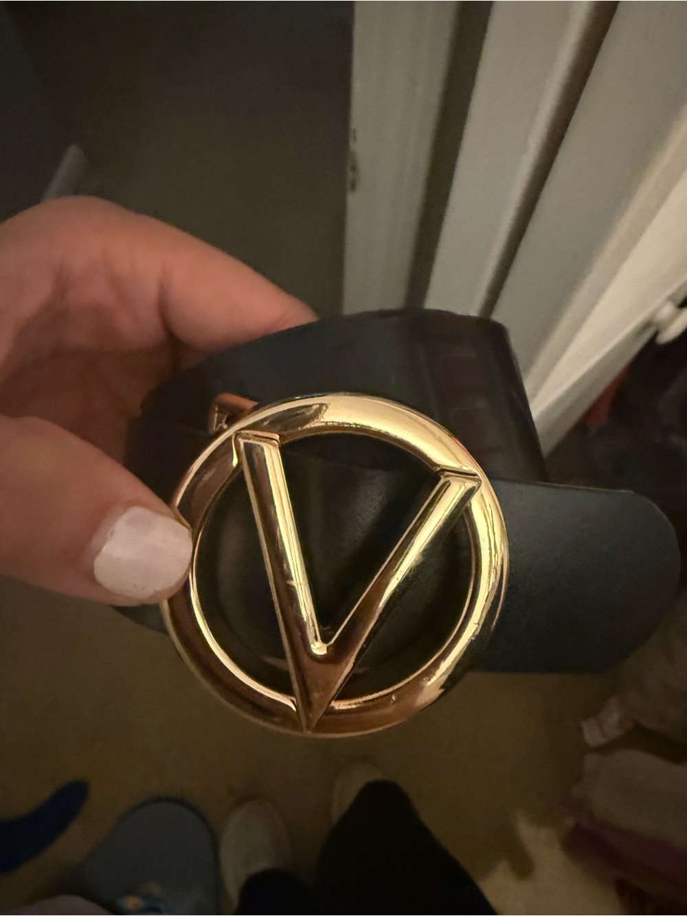 Valentino Black Leather Belt with Gold V Logo Buckle